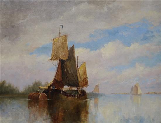 In the manner of Frederick James Aldridge (1850-1933), oil on canvas, Thames barge in an estuary, initialled JH, 35 x 45cm